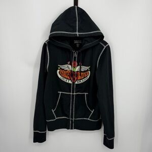 Vintage Y2K Lucky Brand “Peace, Love” Hoodie black embroidered